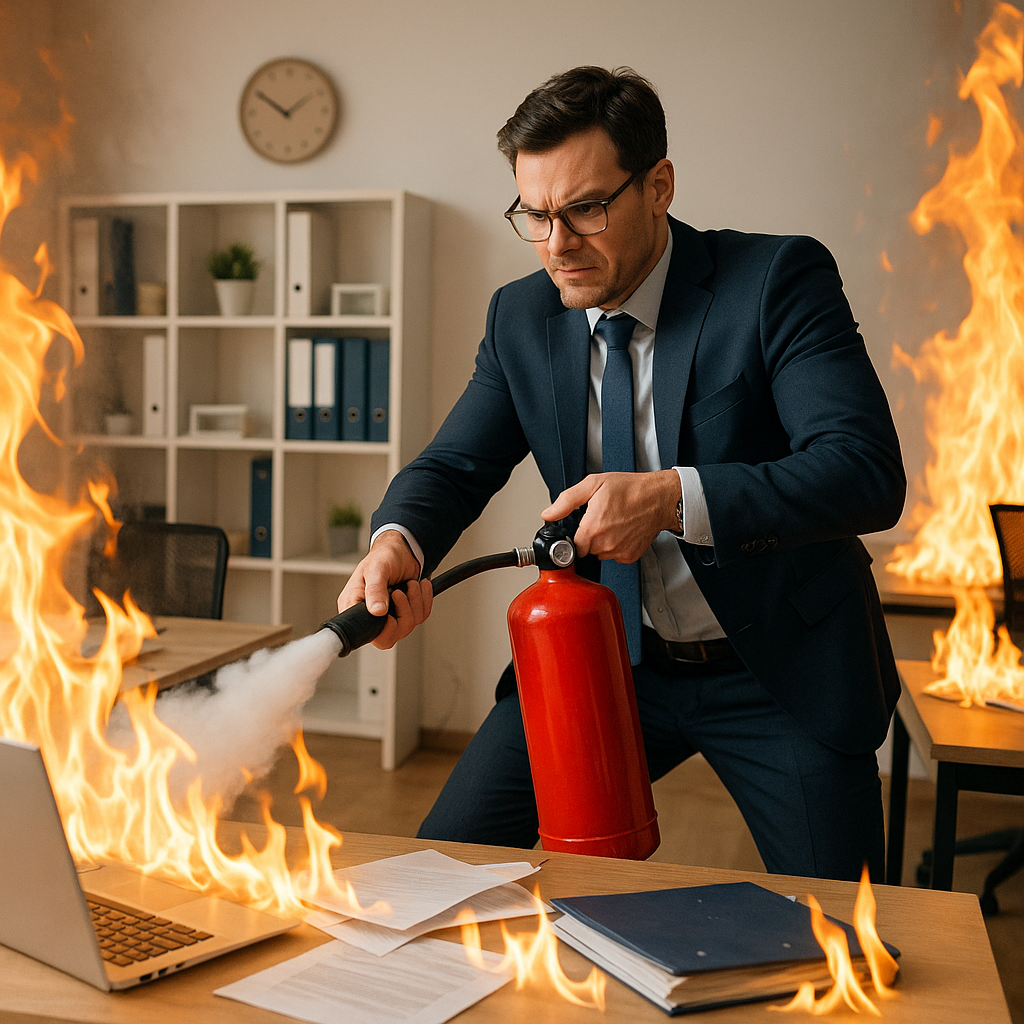 Homem de negócios usando extintor de incêndio em escritório em chamas